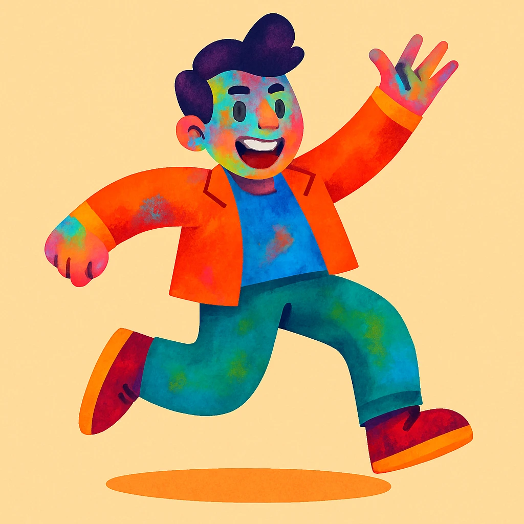 Make the man's skin colorful, with vibrant, lively hues and a playful, artistic look, keeping the energetic style and expression. emoji