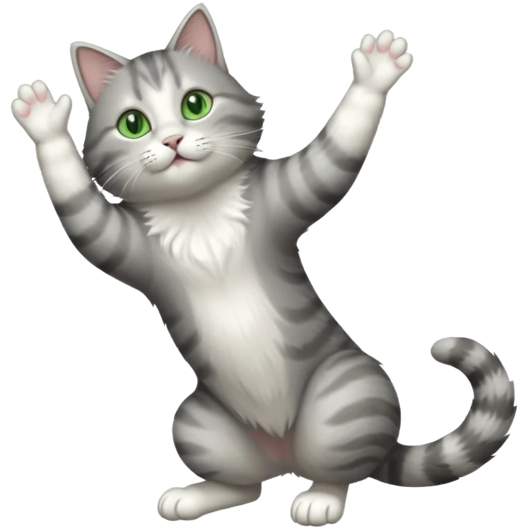 grey and white cat with green eyes doing a big extremely long stretch reaching up into the air with arms and legs side by side together straight and overextended whilst lying on its side emoji