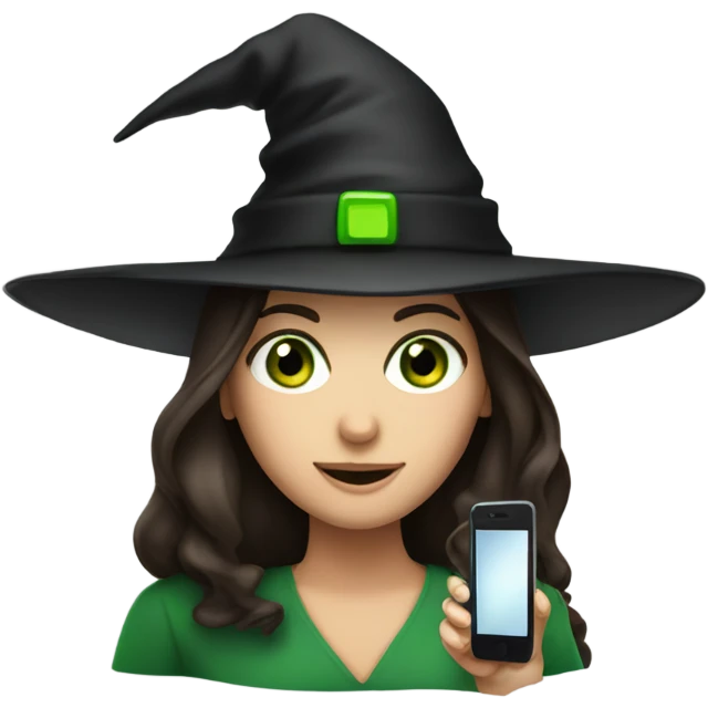 A brunette with green eyes and a witches hat with a cell phone  emoji