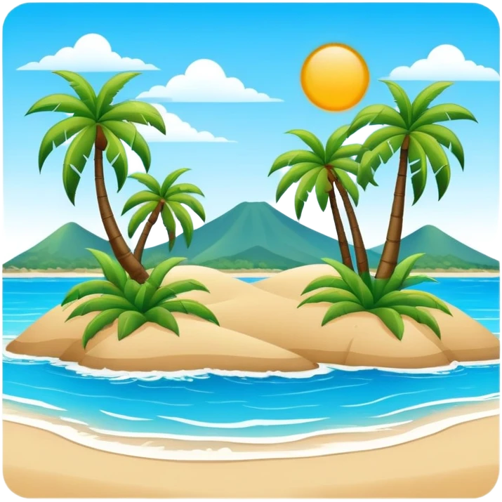 Sanya tropical beach Hainan Island with palm trees, simplified emoji style with bold outlines and bright colors, cartoon style beach with blue water emoji