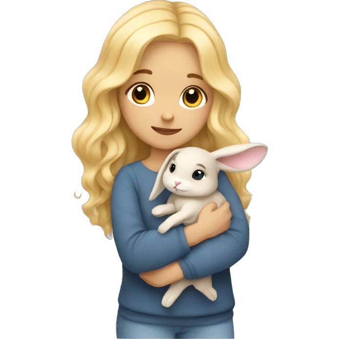 Blond wavy hair girl cuddling a small honey grey rabbit emoji