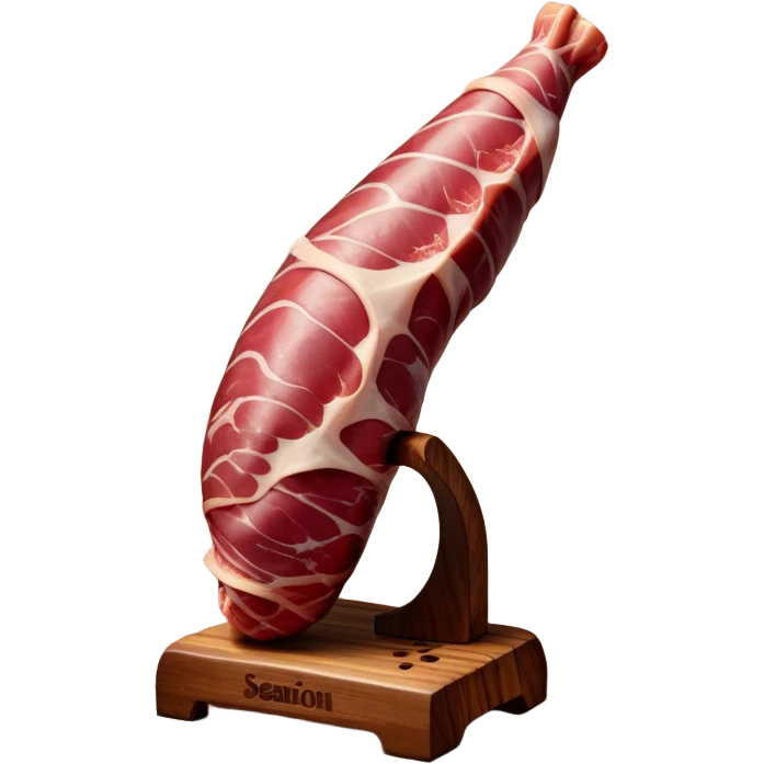​Cinematic Realistic Spanish Jamón Leg, depicted as a massive, cured leg of Jamón serrano (ham) with a deep reddish-brown hue, intricately marbled and slightly glossy with age, elegantly displayed on a rustic wooden stand and bathed in warm, soft lighting that accentuates its artisanal heritage, emoji