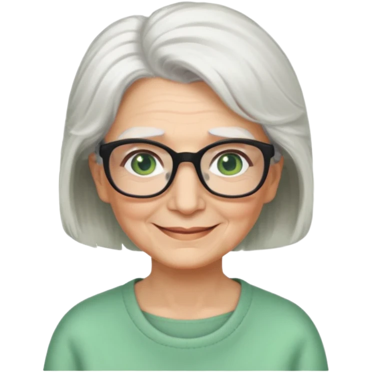 White hair grandma, green eyes, hair to shoulder, lokeg black glasses, rectangles face, smile , emoji