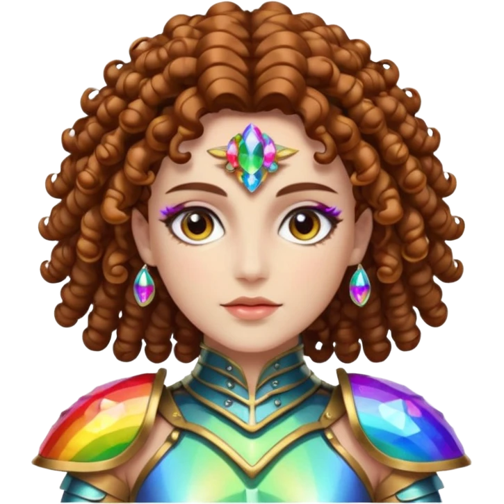 nude woman short curly brown mullet brown eyes white skin wearing crystal rainbow beetle armor emoji