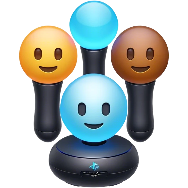 Clash of Clans aesthetic: Cinematic Playful PlayStation Move Controllers Portrait Emoji, rendered in a 3D vector-style similar to standard emojis with minimal shading and bold, simplified shapes. A compact, distinct form with signature details, softly glowing with a cutting-edge console technology charm. Simplified yet unmistakably iconic, highly detailed and consistent, glowing with a soft radiance and high shine. Stylized with a touch of technological advancement and a soft glowing outline, capturing the essence of a beloved gaming relic with a friendly, playful manner! emoji