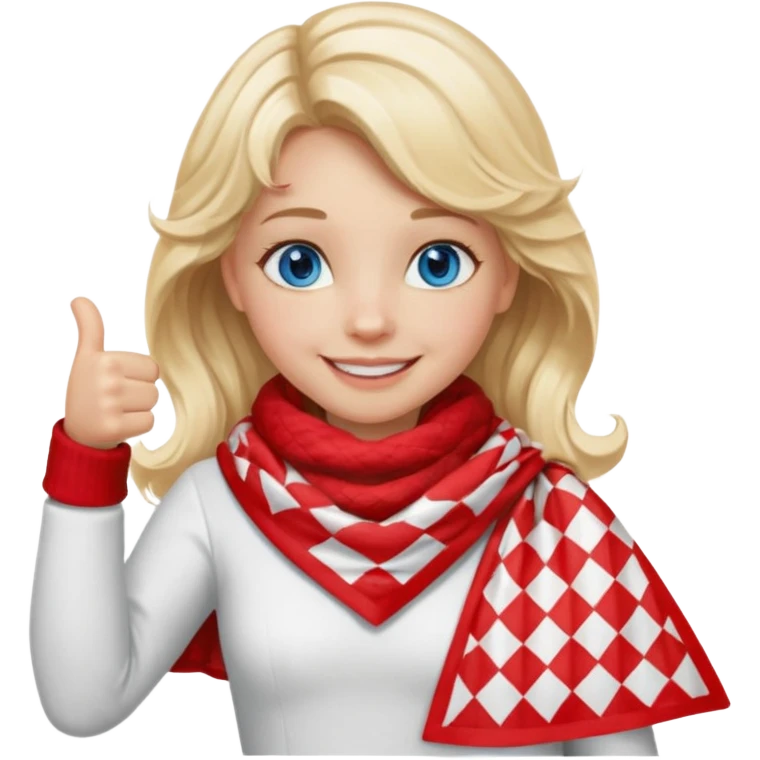 Blonde Girl, Blue Eyes, wavy hair, smiling, thumbs up, wearing red Checkered Triangle scarf, white dress emoji