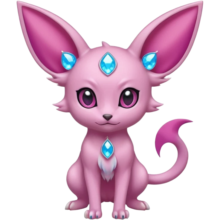 Espeon pokemon, light pink body color, dark pink jewel in middle of forehead, spilt at end tail, two ear like flaps coming out 
of cheeks, inside of big pointy ears is blue
 (full body) emoji