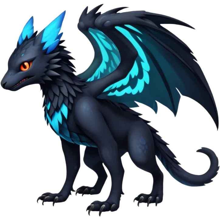 Black Dark Exotic Beaked Feathery Nocturnal Neon-glowing Abyssal Nightly Abyss-Cat-Gryphon-Salandit-Nargacuga-Silvally-Vernid-Sergal-Fakémon-Hybrid-Creature (full body) emoji