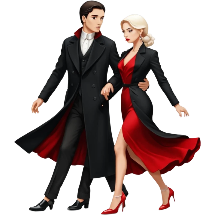 Ultra detailed realistic tango couple icon, black background, dramatic lighting, long black coat on man, white shirt and white shoes, red dress and white heels on woman, centered, minimal background, high contrast, 4K resolution, profile picture ready, sharp clean edges emoji