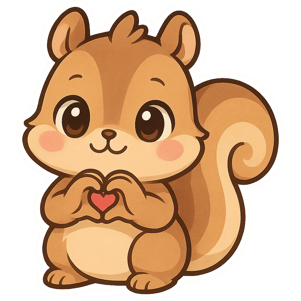 a chibi squirrel making a heart with its hands, big eyes adorable emoji