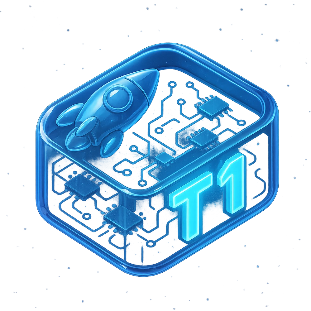space theme with the words T1, futuristic style, glowing text, digital starscape, sleek and modern emoji