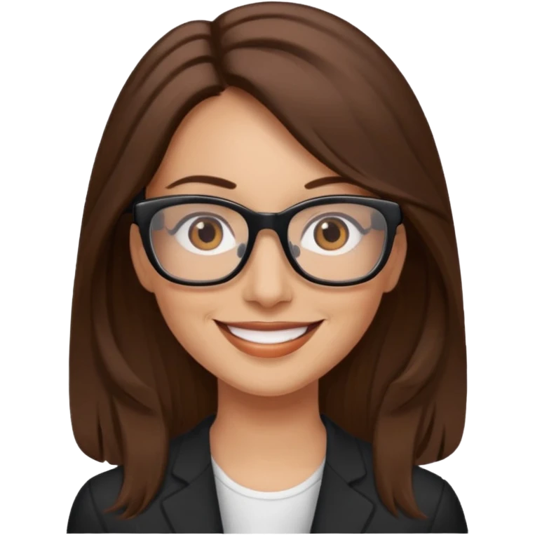 Woman 40, brown long hair, brown eyes, rectangle black glasses emoji