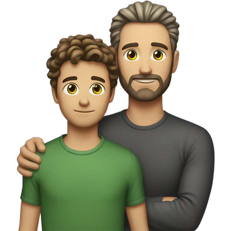 Handsome Father 40s green eyes with short full beard with Son 13s light brown eyes tousled bedhead look both has brunette hair light skin arms on shoulder portrait emoji