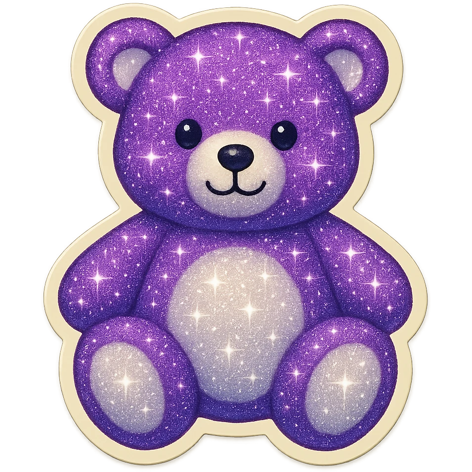 Add a glitter effect to the purple and white teddy bear's fur, keep it soft and plush, no shadows, flat lighting, no background. emoji
