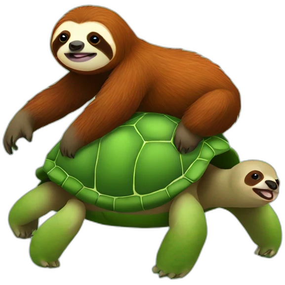 red haired sloth sitting on a green turtle who is walking  emoji