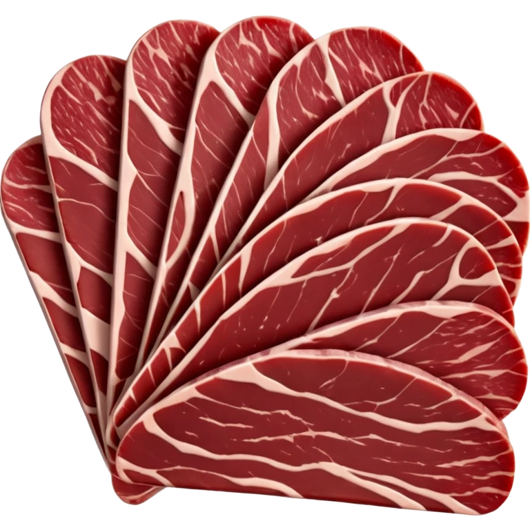 several thin slices of air-dried beef, deep burgundy-red color, smooth and slightly glossy surface, darker delicately curved edges, fine grain and lean texture visible, slices slightly overlapping, no board, garnish, or packaging, just the meat, soft lighting, subtle shadows, emoji scale emoji