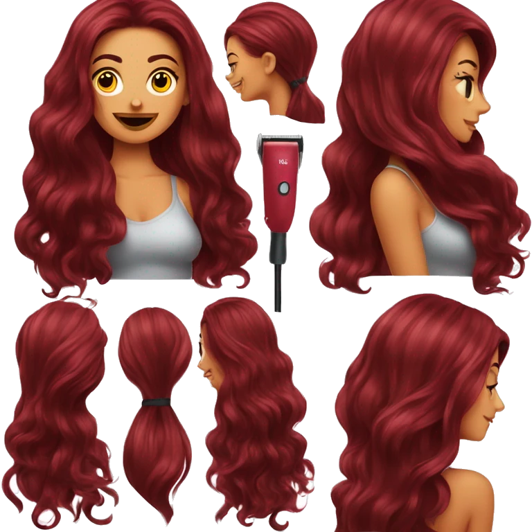 Beautiful tattooed  burgundy long haired woman blow drying her hair emoji