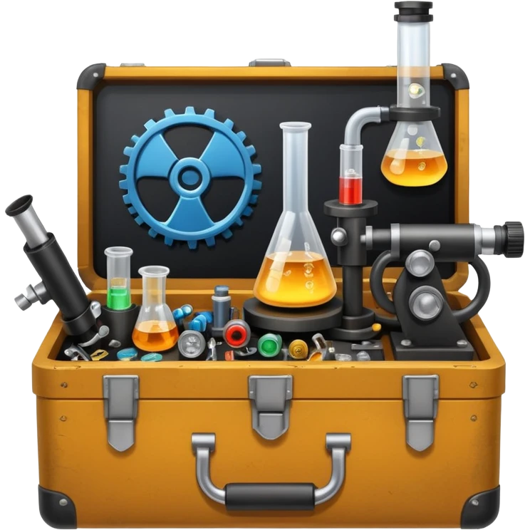 toolbox science, chemicals, mechanical gears, steampunk, electronics, resistors, ic, physics, microscope, nuclear model, radioactivity emoji