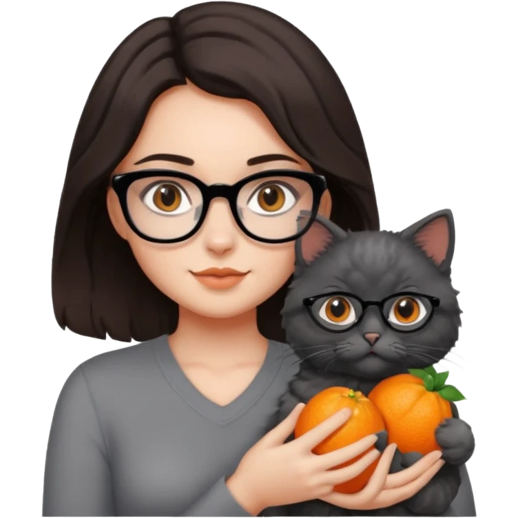 girl with dark brown hair, medium length to her chest, slightly wavy, the girl has black glasses and black eyes, she’s holding a grey fluffy cat with bright orange eyes  emoji