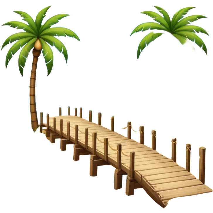 Ocean and beach scene with a pier with sand and palm trees emoji