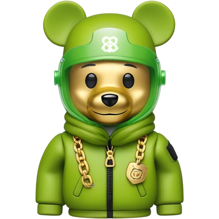 bearbrick wearing lime balaclava with graffiti logos where eye area is replaced by one continuous shield visor lens that's part of the mask, not separate eyewear, puffy coat with fur trim, gold chains emoji