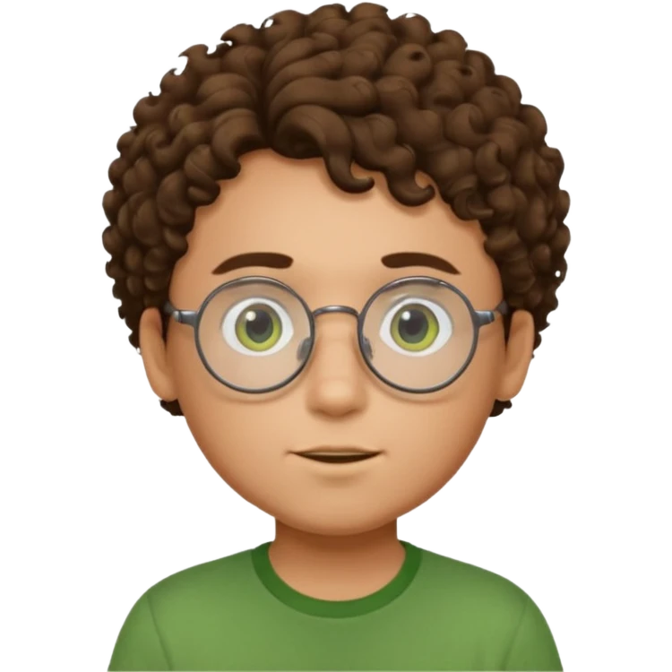 Un ragazzo con occhiali tondi, capelli ricci e una maglia verde emoji