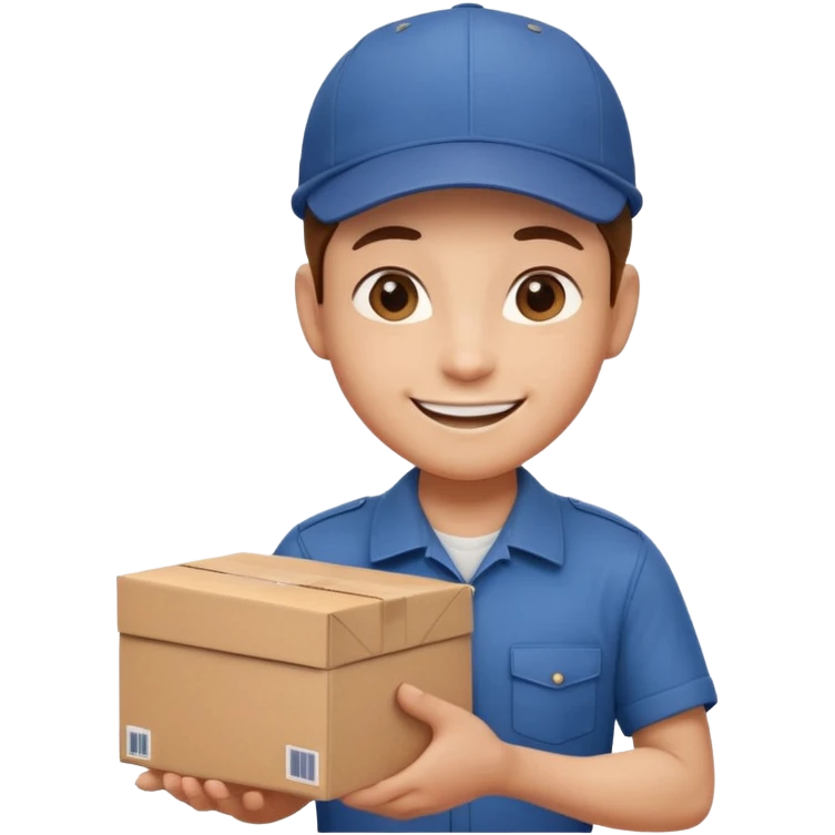  delivery worker holding a cardboard package. Wearing a cap and uniform shirt, smiling expression. Rounded, glossy, smooth, soft shadows, white background.




 emoji