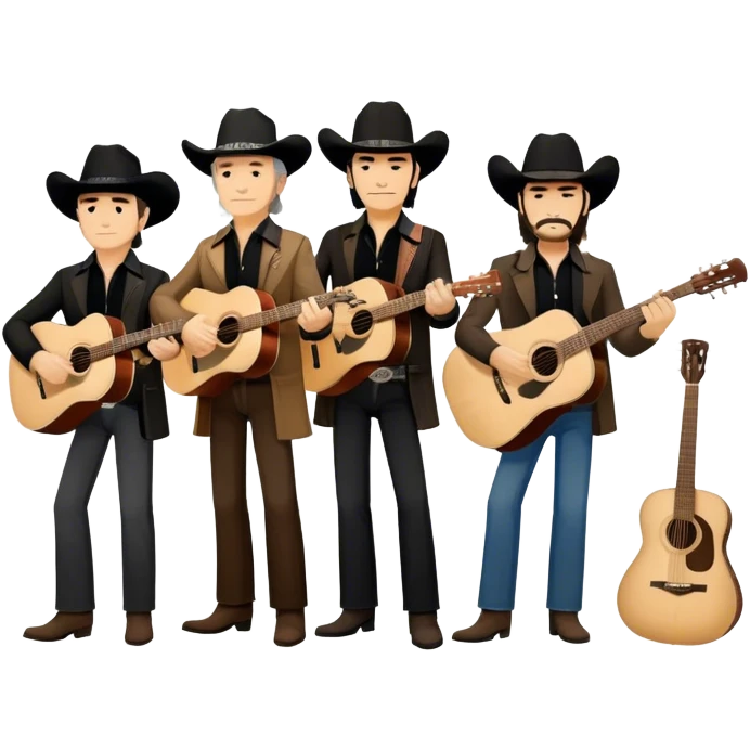 Icon for Country Music: The Highwaymen group, featuring silhouettes of Johnny Cash, Willie Nelson, Waylon Jennings, and Kris Kristofferson with guitars and cowboy hats. A subtle western backdrop with music notes reflects the spirit of classic country. Transparent background. emoji