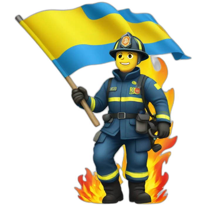 Ukrainian firefighter with the flag of Ukraine puts out the fire emoji