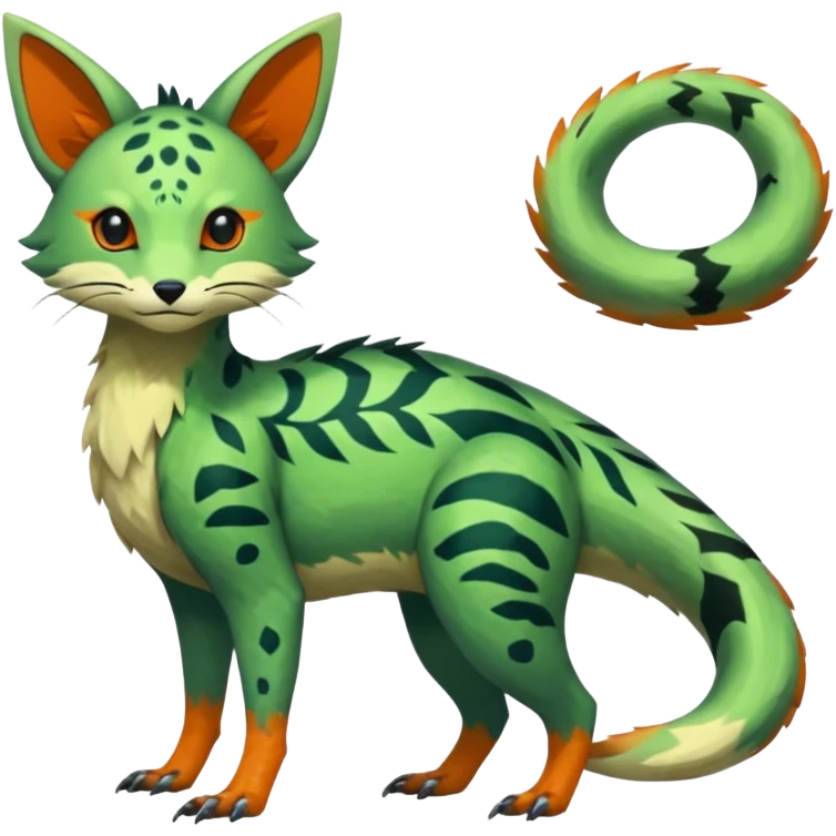  Japanese oriental asian painted Greenish beautiful handsome gorgeous aesthetic colorful vibrant Vernid-Trico-species-Fakemon-creature by LiLaiRa, 4 legs, 1 tail, random markings, (full body) emoji