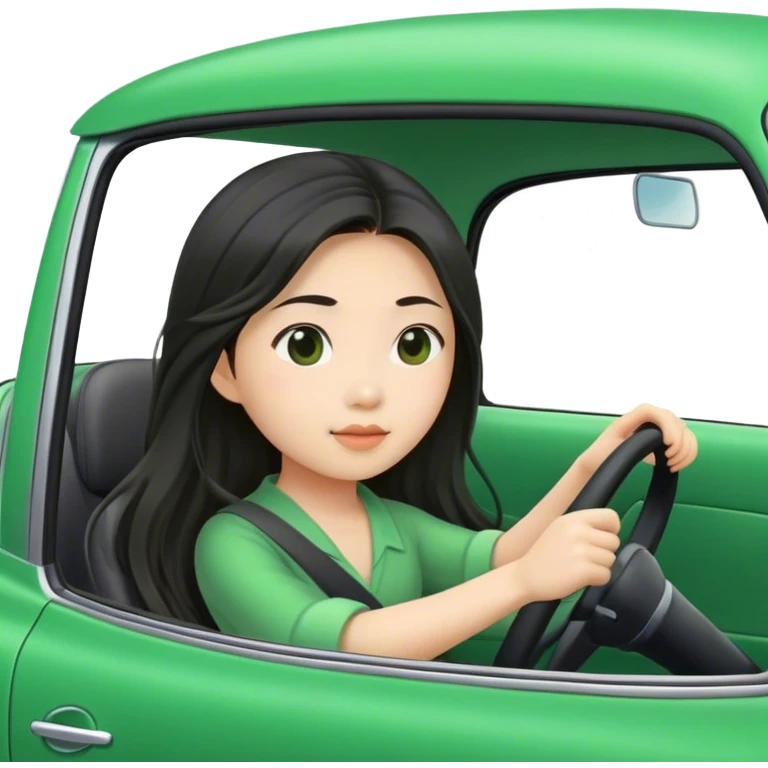 Long hair asian girl driving on her way in a green car  emoji