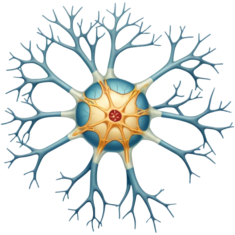 A unilateral scientifically accurate nerve cell with the 3 main components, dendrites on the cell body on one side , a long axon and a few dendrites at the other side. Not a spherical or round nerve cell, a long body nerve cell emoji