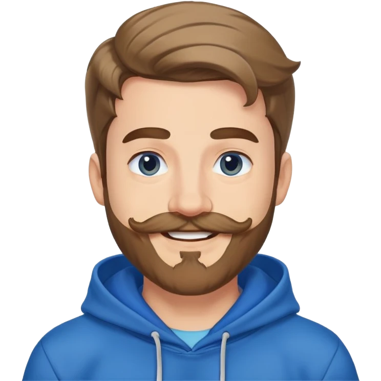 Mr. Beast wearing a blue hoodie, mustache and beard, big friendly smile emoji