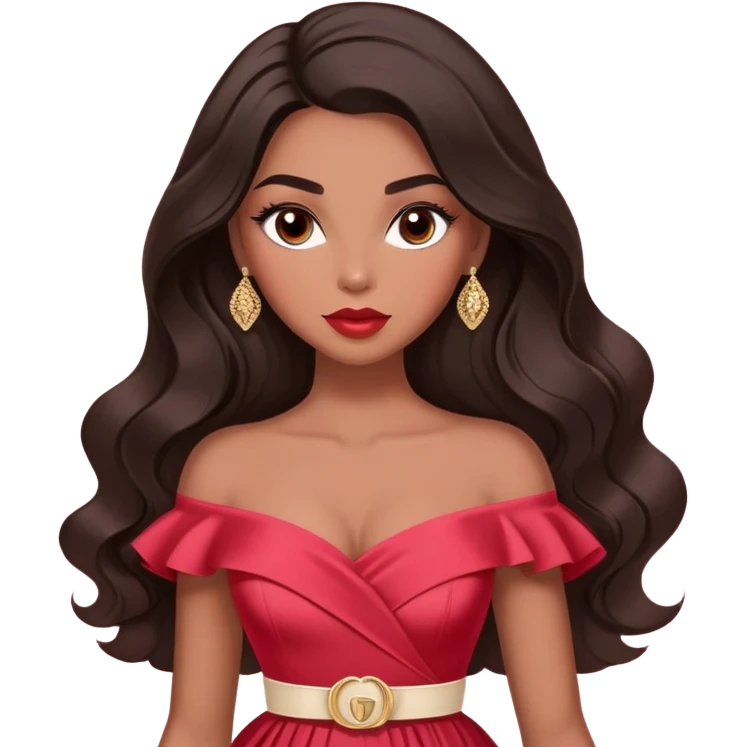 A woman with darker almond-toned skin, more voluminous dark hair in waves, expressive eyes with soft lashes and shimmer, full lips with a glossy nude-pink color, wearing a red dress and a white crossbody sash with “Miss San Juan” in black letters, exuding elegance and confidence emoji