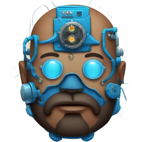 Bearded Fat bald cyborg head with brown skin, blue steampunk goggles and circuits emoji