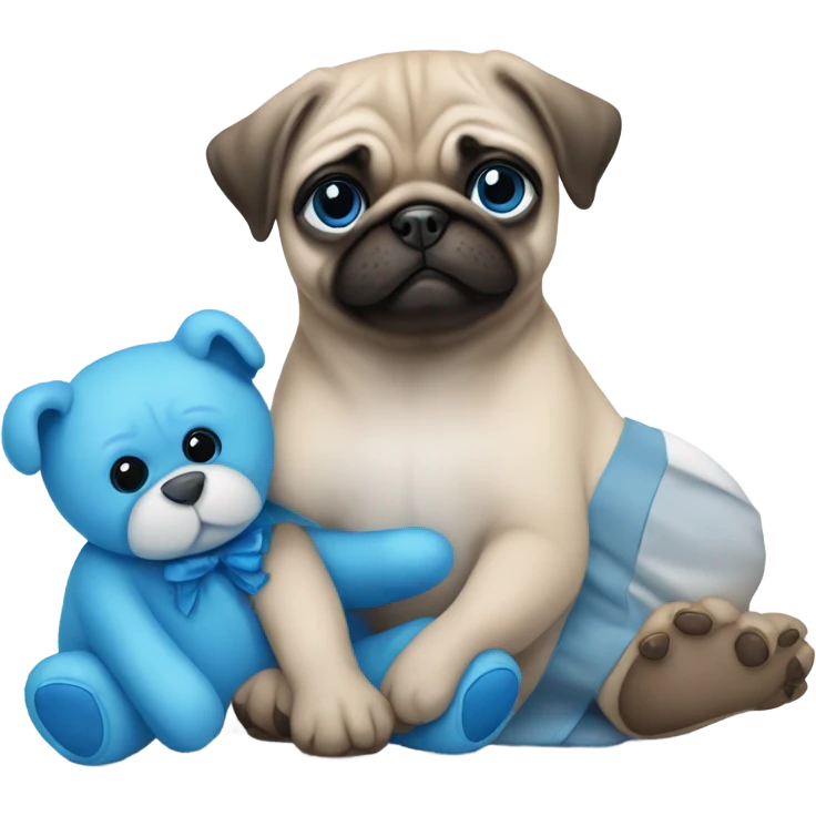 Baby pug with big blue eyes hugging a blue teddy bear  emoji