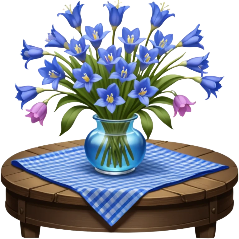 A lush bouquet of bright blue color bluebell black satin ribbon, resting on an antique wooden table, with a pale yellow and pink plaid pattern table cloth emoji