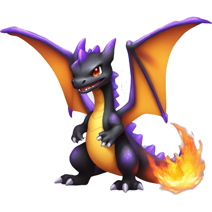 Black shiny nebula chibi Charizard-Raptor-Fakémon with purple flame on tail full body emoji