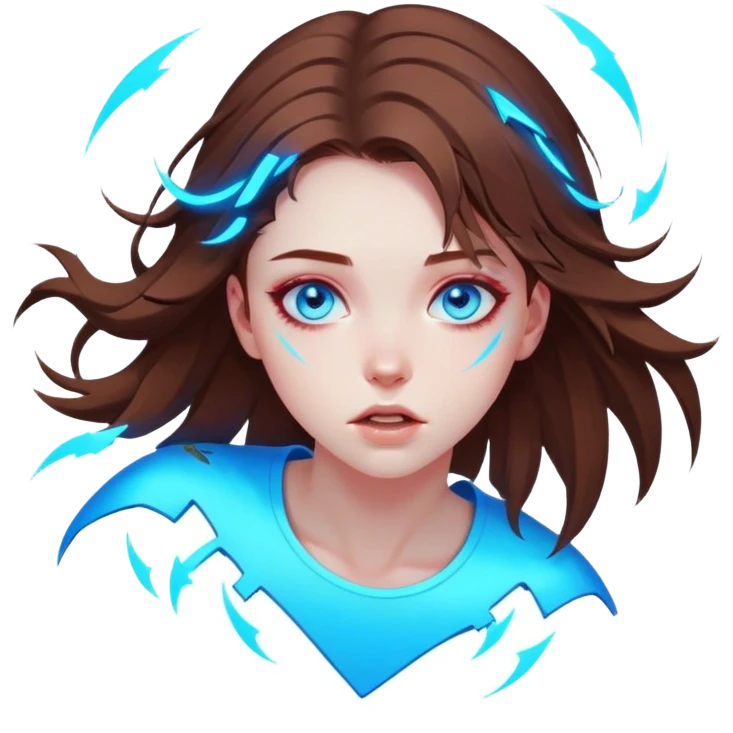 Neon cyberpunk style 
girl with brown hair and blue eyes 
falls emoji