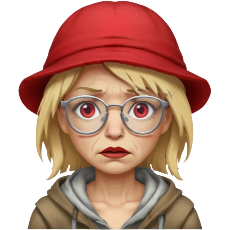 very dirty looking homeless woman with ripped red hat with ugly blond hair and broken glassess emoji