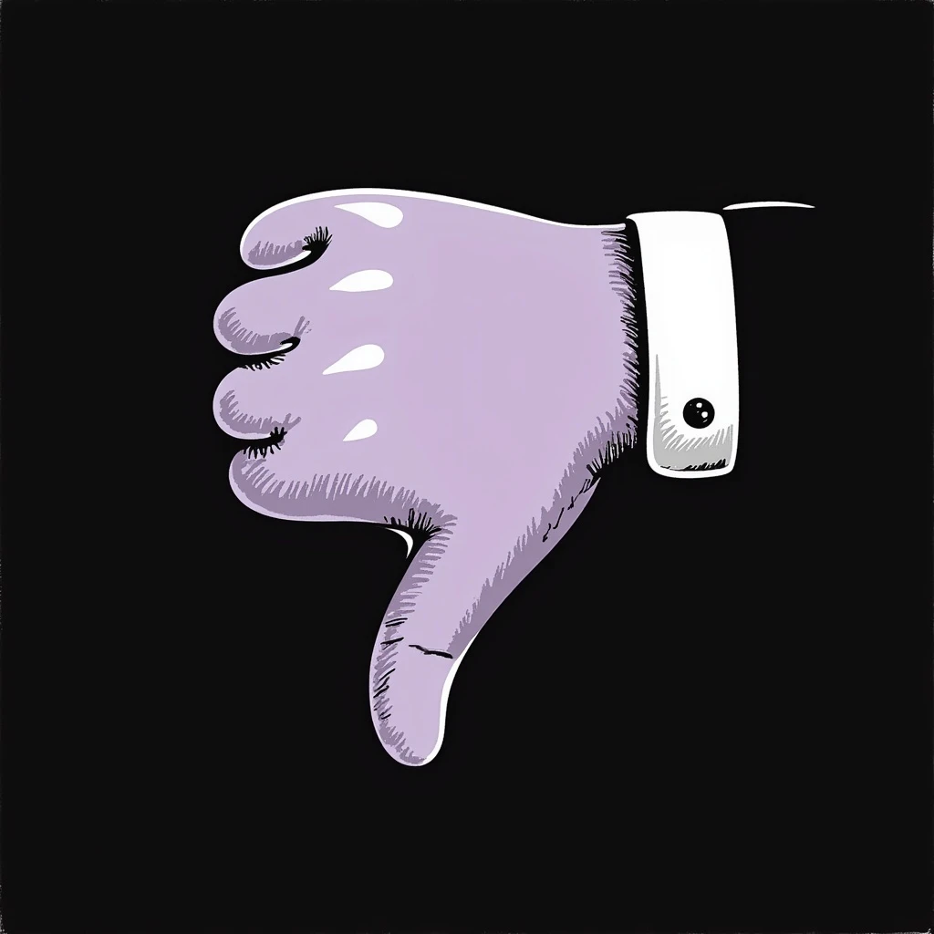 thumbs down emoji in chalk style, soft lilac color palette, rough doodle-like texture, drawn with pastel chalk on a dark surface, aesthetic and emotional Telegram channel emoji