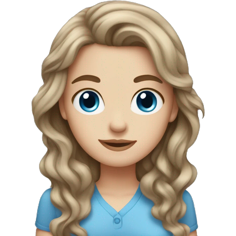 white girl, wavy brown hair, blue eyes, blue shirt emoji