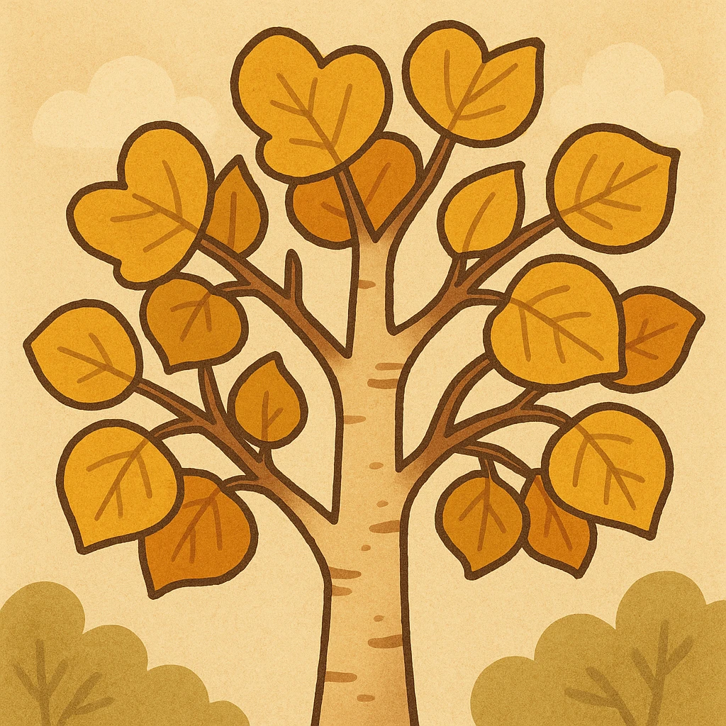 cartoon style aspen tree with yellow leaves, close-up of leaves and branches emoji