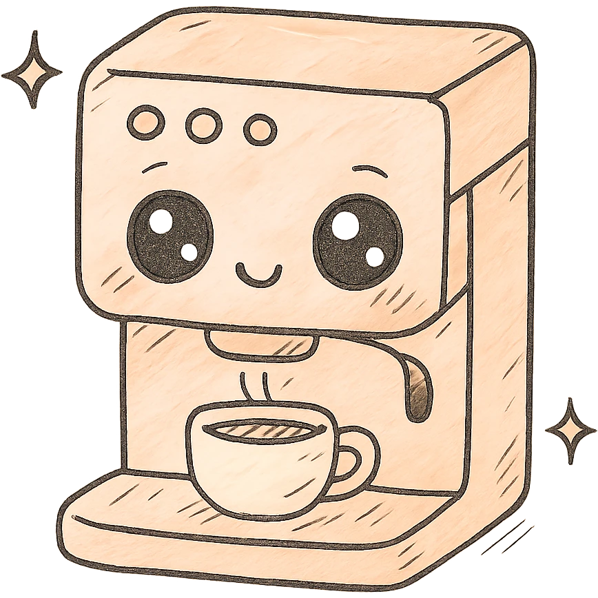 kawaii coffee machine, full body, big sparkling eyes, soft pastel colors, hand-drawn style emoji
