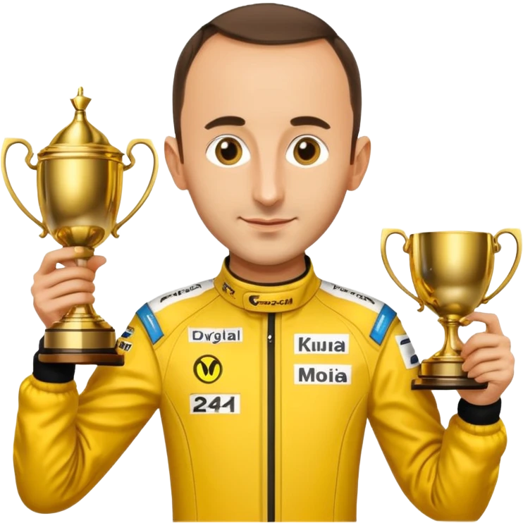 Robert Kubica without helmet, wearing yellow racing suit, holding 24h Le Mans trophy, Apple emoji style emoji