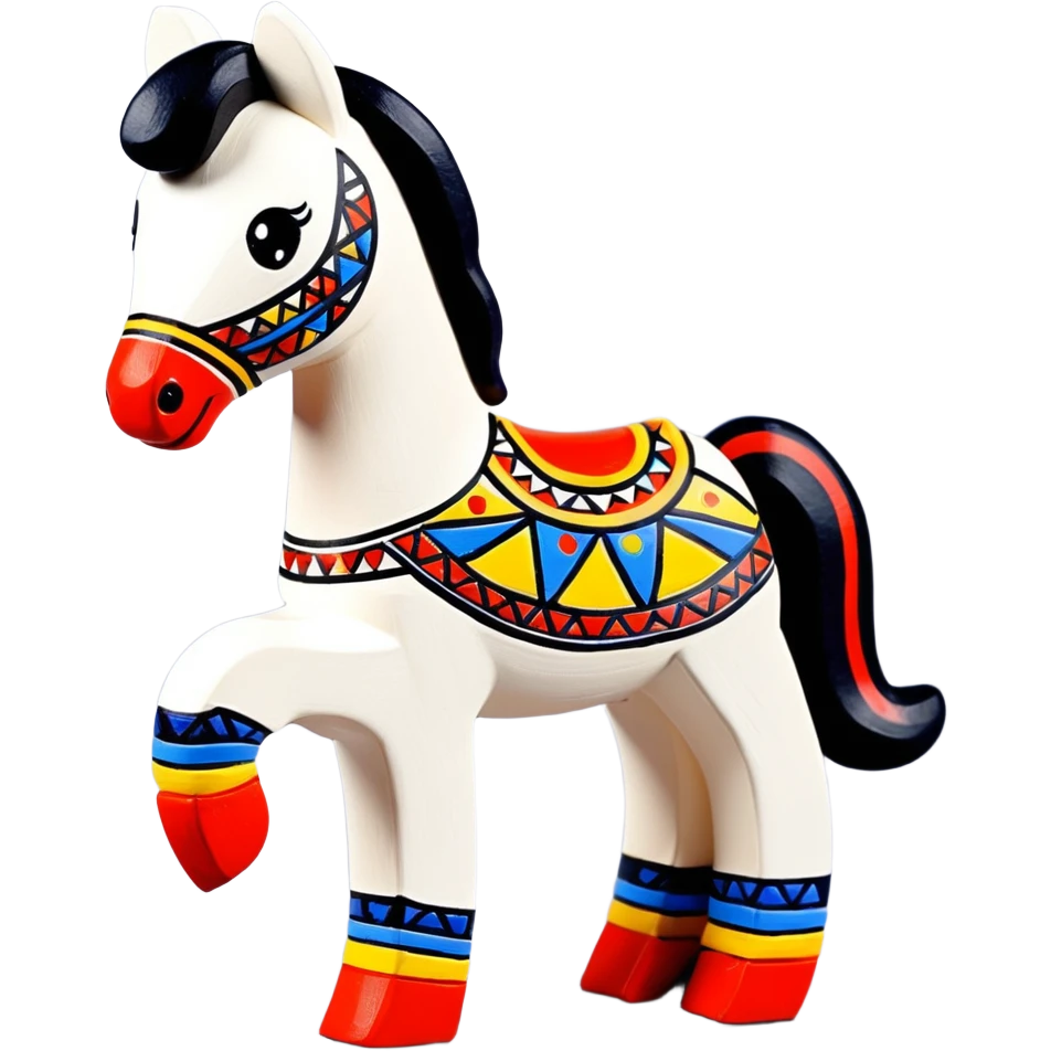 Dymkovo toy horse, traditional Russian clay figurine with colorful geometric patterns, white base with red, blue and yellow decorations emoji