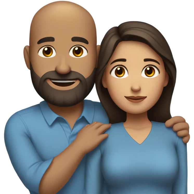 Comforting hug from brunette Puerto Rican with dark brown eyes wearing a cute blue blouse to short, bald man with brown eyes and a beard emoji
