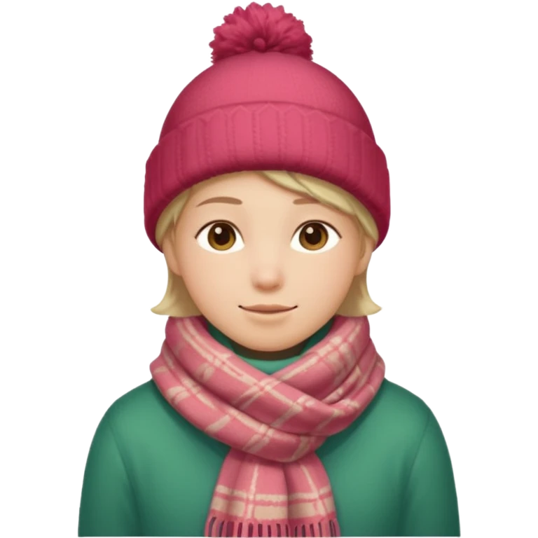 Fantasy human portrait emoji, warm winter scarf around neck, cozy holiday mood, slightly rosy cheeks, simple clean design, no hat, readable emoji style, male/female variant
 emoji
