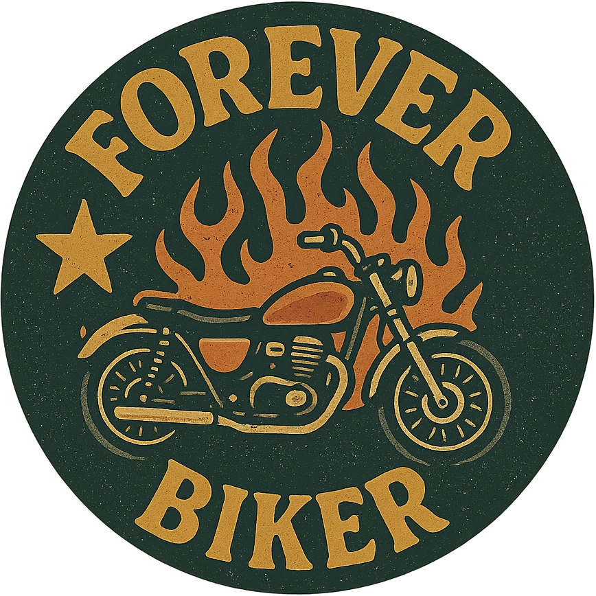 circular transparent background design for motorcycle cap, text 'FOREVER BIKER', motif: star, motorcycle, flame, retro style emoji