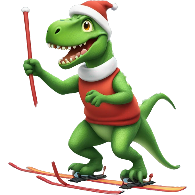 christmas dinosaur skiing while holding poles, cartoon, emoji, transparent background emoji